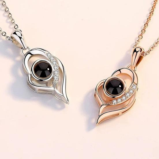 I Love You In 100 Languages Rhinestone Inlaid Hollow Heart Projection Necklace