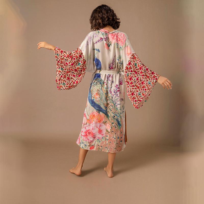 Boho plážové kimono přehozy pro ženy Peocock tištěné zavinovací šaty Letní plážová pláštěnka Dovolenkové plavky