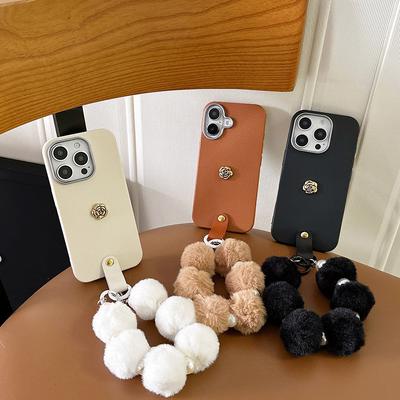 For IPhone17promax Phone Case Plush Hand Cord Camellia for Apple 16plus Silicone Protective Case