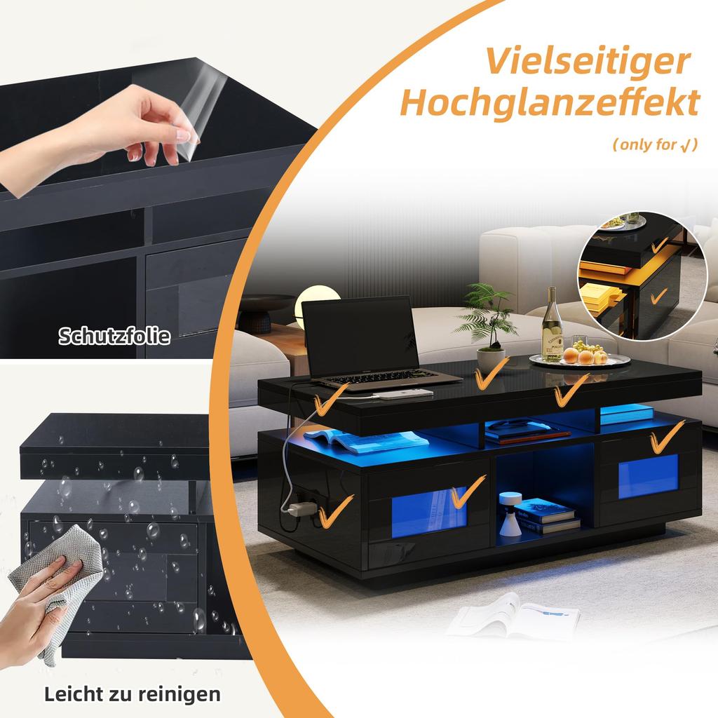 Couchtisch Schwarz, Hochglanz LED Beleuchtung, Kaffeetisch Schrank & Offene Staufächer, Sofatisch Rechteckiger Mitteltisch, 100×50×43cm