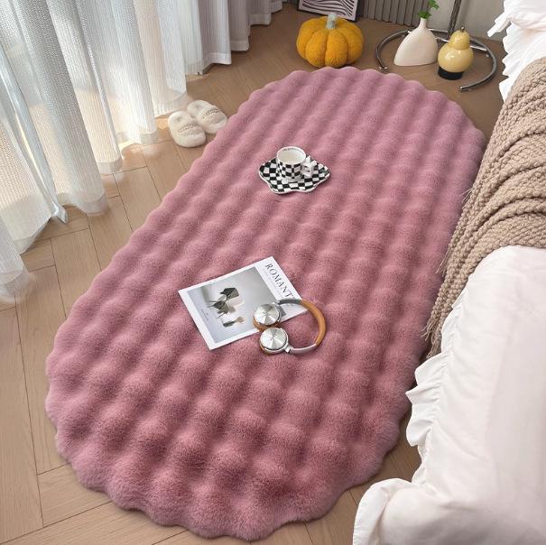 Cream Rabbit Fur Oval Rug - Thick Bubble Velvet Bedroom/Bedside Mat, Coffee Table, Sofa Cushion