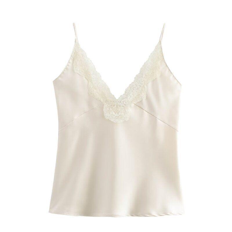 Fashion Style 2024 New Fall Women's Clothing Easy Matching Sling Lace Decorative Silk Satin Texture Tops 1067261