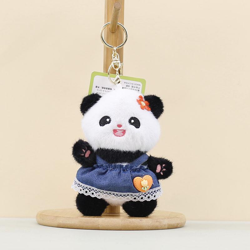 Plush Panda Doll Keychain Pendant Wearing Lace Edged Denim Skirt Design For Kids