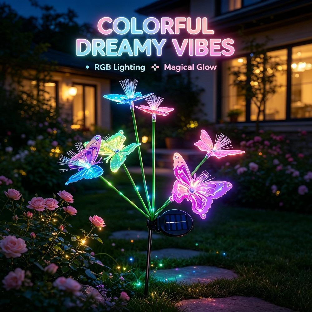 2PCs Colorful Multi-Head Solar Butterfly Stake Lights 2 Modes Waterproof Outdoor Garden Pathway Landscape Decor Lamp