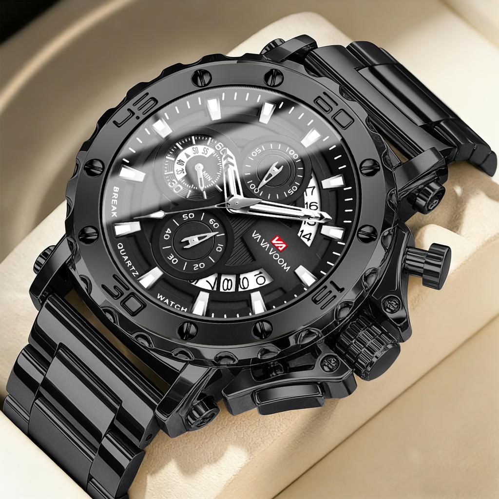 Men Multifunctional Sports Timing 46mm Clock Silver Stainless Steel Strap Fashion Luminous Dial Waterproof Quartz Watch for Men