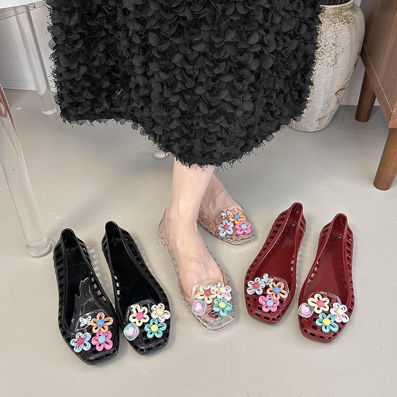 Hollow Single Shoes Women's New Summer Transparent Soft-soled Jelly Shoes Fashionable Flower Shallow Mouth Flat Bottom Hole Sandals
