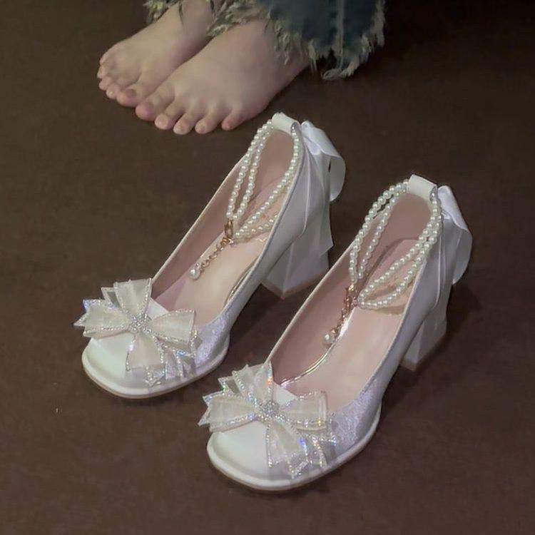 Women's High-Heeled Shoes Everyday French-Style Dresses Niche Evening Looks Mary Jane Shoes White Wedding Shoes, Chunky Heels, Versatile Styles