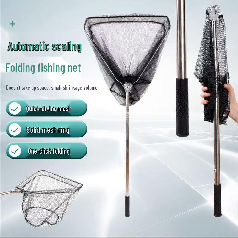 Telescopic Triangle Folding Fishing Net with Stainless Steel Handle - Black