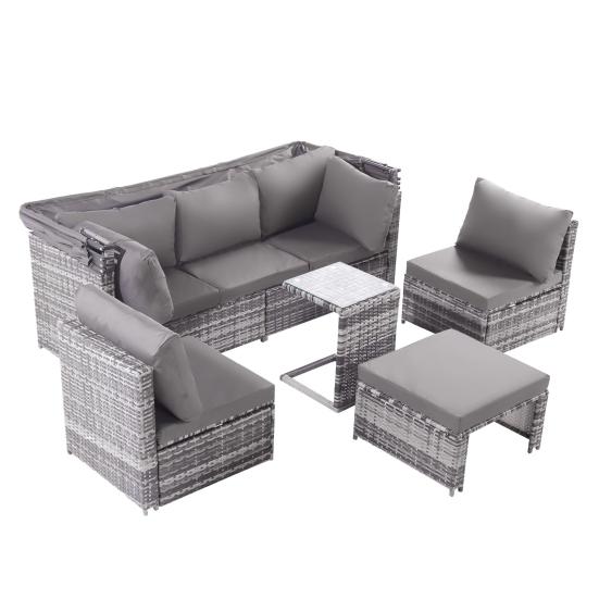Rattan Sun Island Seating Set, Sofa with Canopy, Footrest, Armchairs, and Table, Outdoor Garden Furniture, Lounge Furniture for Balconies and Gardens,
