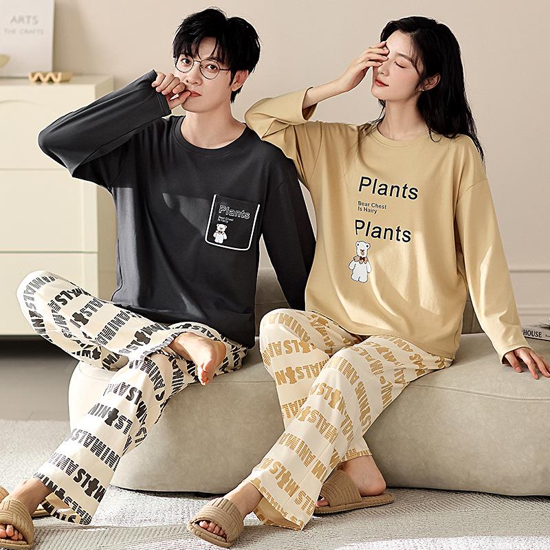 Autumn Style Cute Cartoon Couples' Pajamas - Pure Cotton Long Sleeve Set for Men and Women, Spring/Autumn 2026