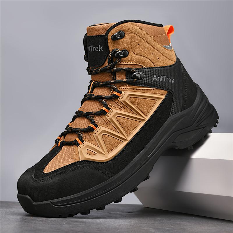 Men Black High Top Trekking Boots Breathable Mesh Patch Anti Slip Thick Lug Sole Outdoor Mountain Hiking Casual Shoes