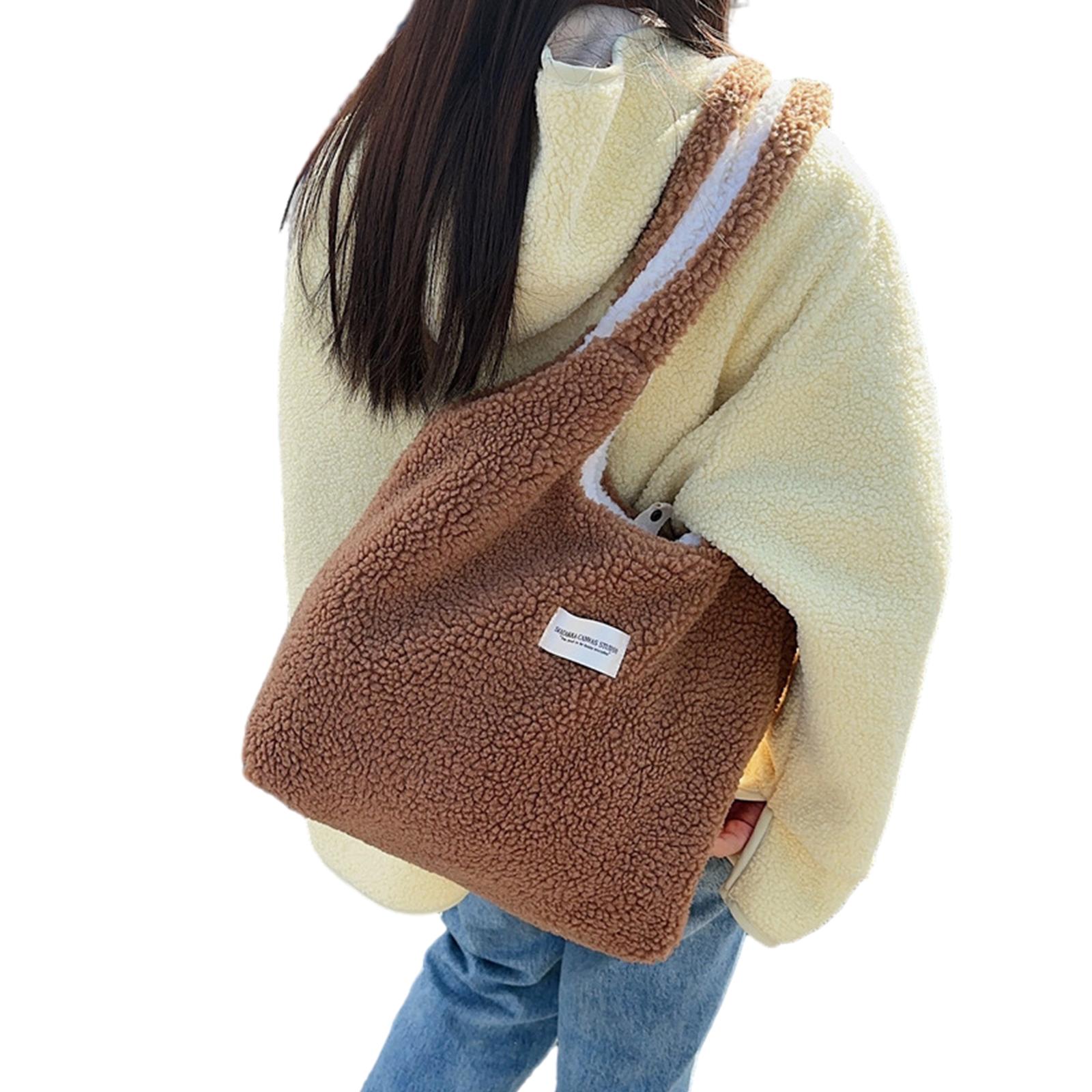 

Модная двусторонняя сумка через плечо для женщин, универсальная и теплая зимняя сумка из искусственной овечьей шерсти, сумка-тоут из пушистого плюша коричневый