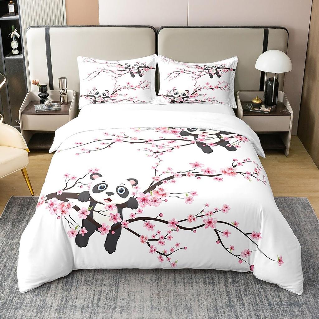 Japanisches Bettbezug-Set, Kirschblütenbaum Frühlingsmotiv Kunst, Dekor 3-teiliges Bettwäscheset mit 2 Kissenbezügen