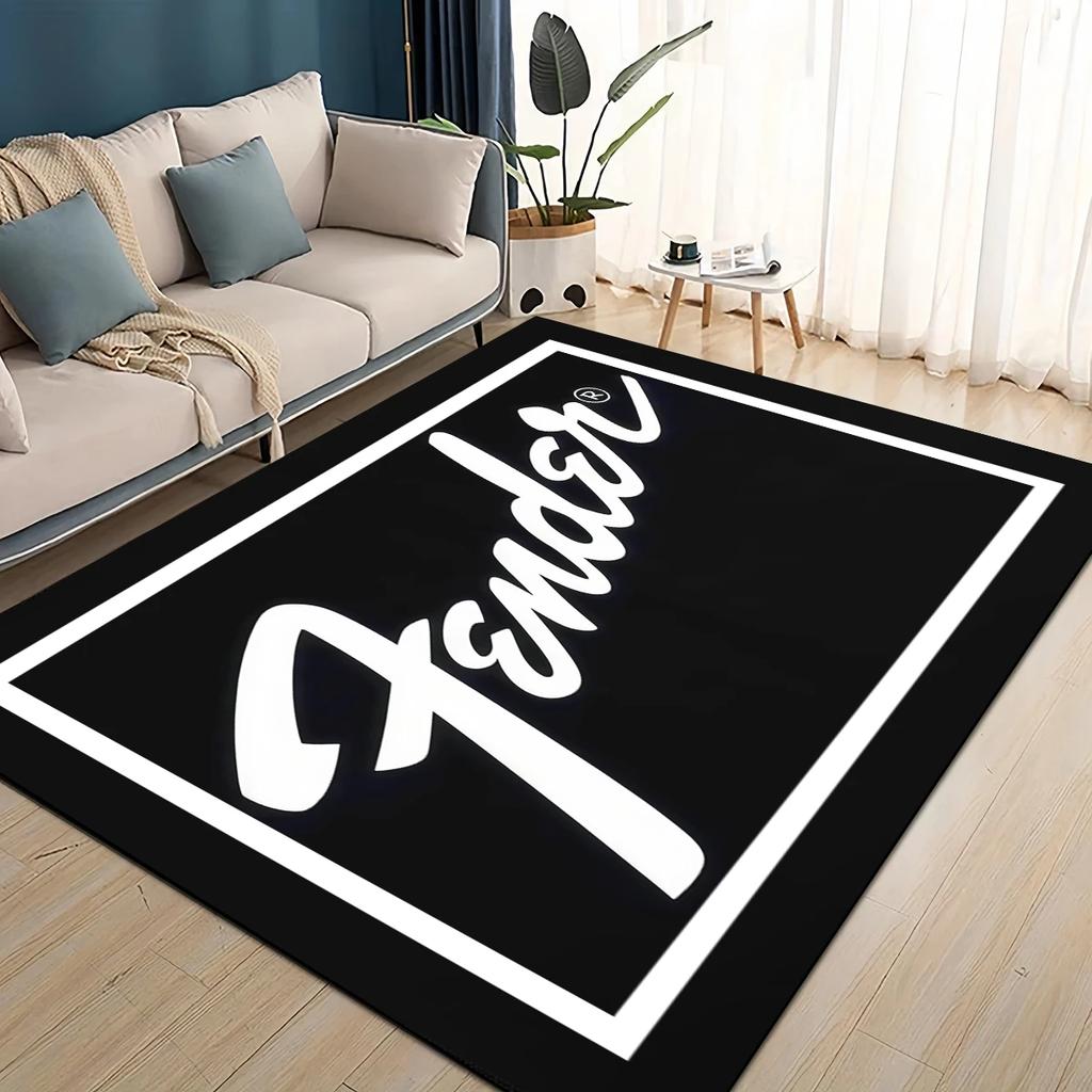 Alfombra 3D Retro con logo Fender para Instrumentos de Guitarra Música para Sala de Estar Dormitorio Hogar Decoración de Sofá, Alfombra de Piso Antideslizante para Niños