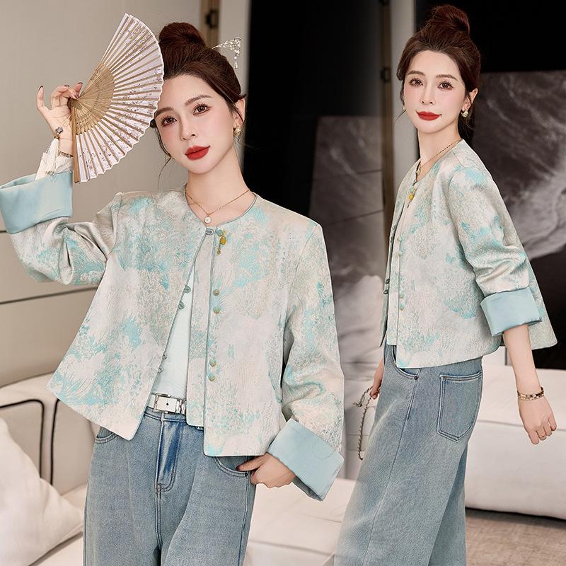 

Женская куртка в китайском стиле с вышивкой и жаккардовым узором, круглый вырез, весна/осень 2025 (YL715) M (110-120 jin) синий