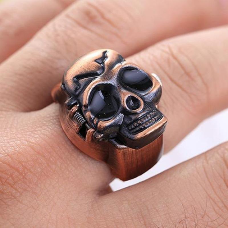 Men's Vintage Skull Finger Ring Watch Cool Punk Quartz Clamshell Ring Watch
