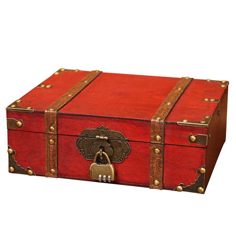 Retro Wooden Rectangular Storage Box Set with Lock - Creative Organizer & Decorative Props