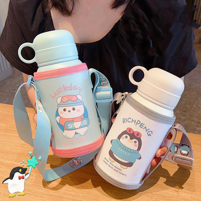 Doppelabdeckung Spielzeug Thermosbecher Edelstahl auslaufsichere Stroh Vakuumflasche Kinder Cartoon Thermal Wasserflasche
