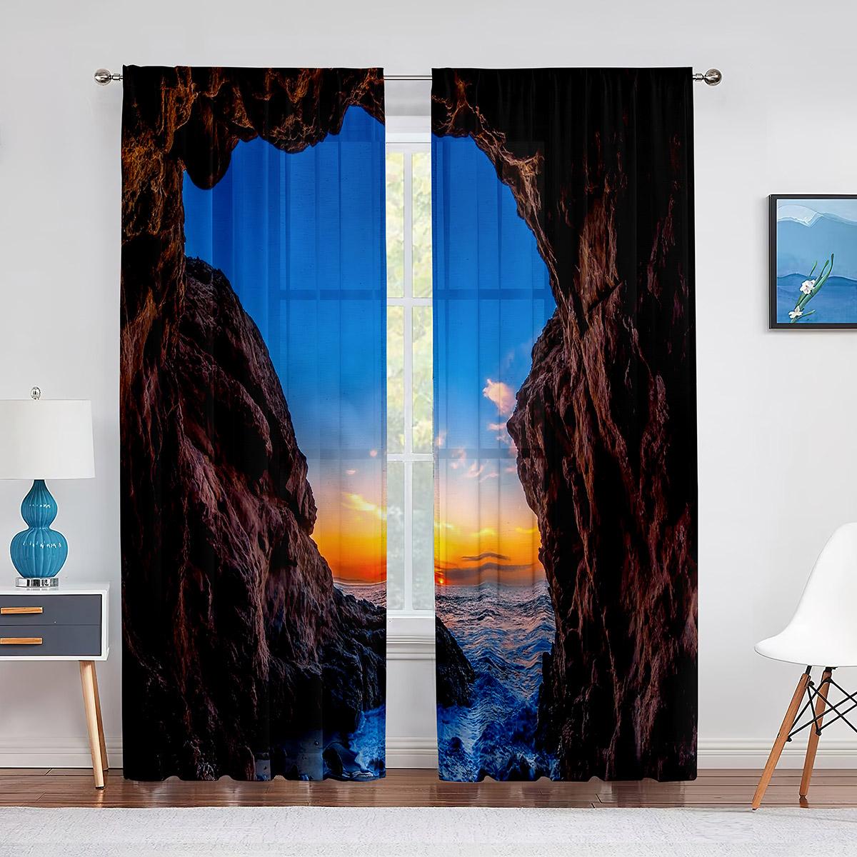 

Тюлевые шторы с тропическим океаном и пещерой для гостиной, спальни, домашнего декора, кухонные окна, прозрачные шторы из вуали, шифоновые шторы 1 PCS W100XH250cm&Grommet Top