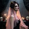 Halloween Ghost Bride Costume Gothic Flower Headband with Veil, Spooky Black Rose Dead Branch Skull Headpiece, Witch Hair Band Day of The Bridal Veil