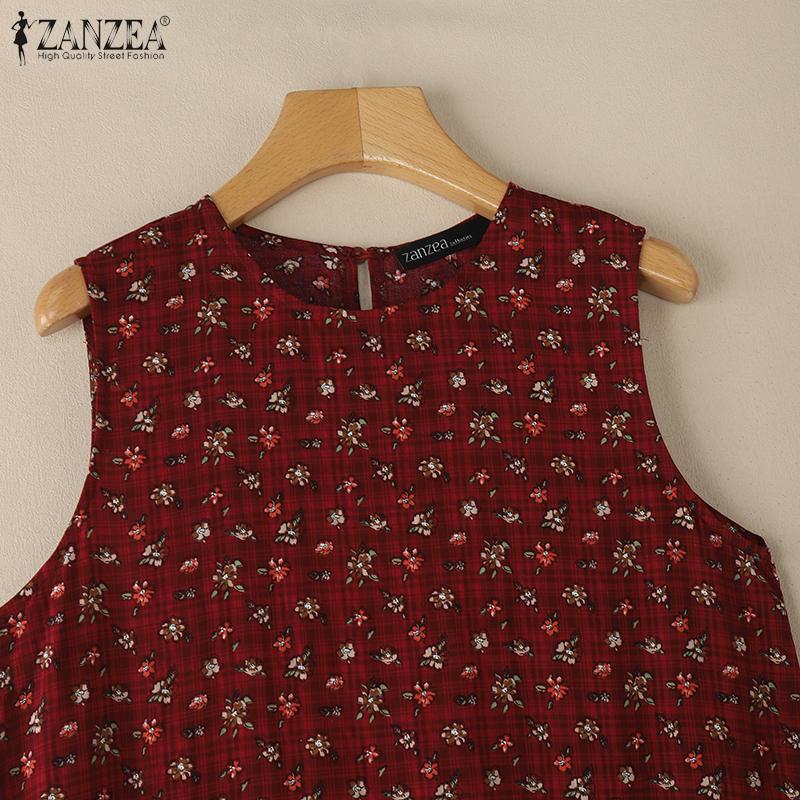 ZANZEA Women Summer Round Neck Casual Sleeveless Floral Dress