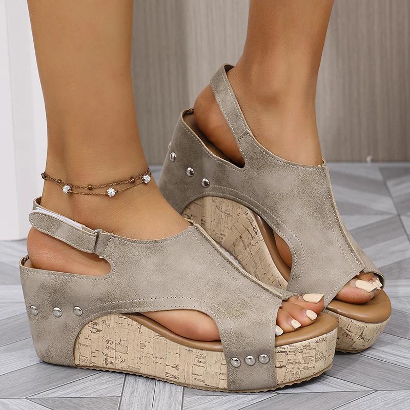 Fashion Retro Thick Sole Wedge Sandals for Women Summer Peep Toe Chunky Platform Sandals Woman Hollow PU Leather Roman Sandalias Mujer