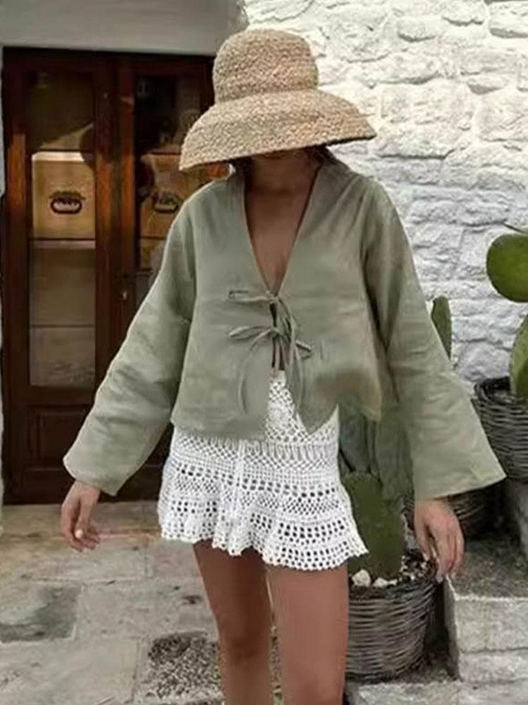 2025 Summer White Lace Up Shirts For Women‘s Elegant Loose Long Sleeve V-neck Blouse Female Solid Causal Street Chic Lady Tops
