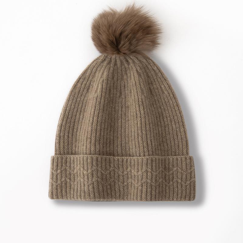

New High End Solid Color Cable Fur Ball Thickened and Warm Stylish Knitted Casual Hat for Women one size