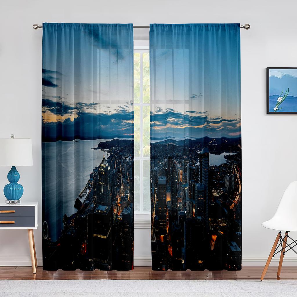 San Francisco Bay Bridge Stadsbild Skir Voilegardin USA Stad Natt Skyline Sceneri Utsikt Transparent Chiffong Tyllgardiner