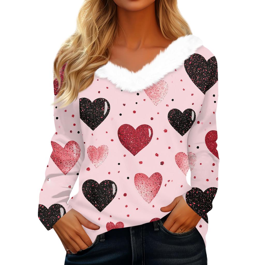 Women's Valentine's Day Printed Long-Sleeved Shirt, V-Neck, Casual Loose-Fitting T-Shirt Top
