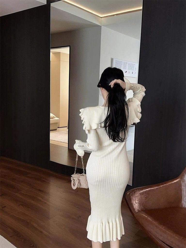 Autumn Winter Retro Ruffle Collar Knit Fishtail Dress