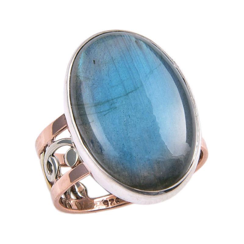 Natural Labradorite Gemstone Handmade 925 Sterling Silver Two Tone Ring S.8 H4E26