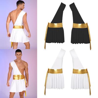 Men Ancient Greek Cosplay Outfit Sexy Toga Costume One Shoulder Ruffle Skirt Metallic Ruched Belted Skirt for Halloween Party