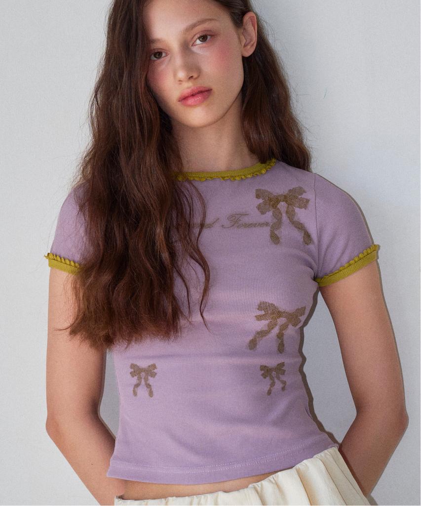 Loginaenloji Ribbon Printed Slim Ringer T-Shirt Purple