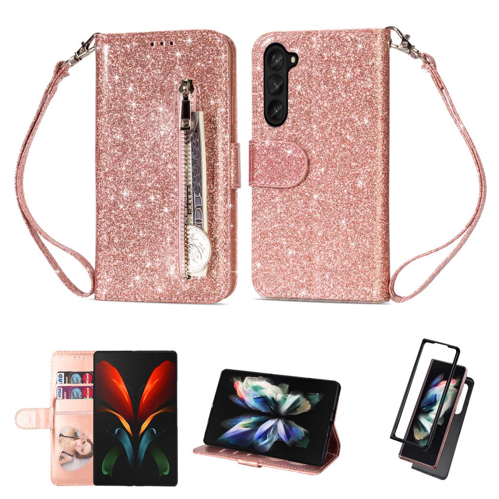 Suitable for Samsung Z Fold 5 Mobile Phone Leather Case Z Fold4 Glitter Zipper Wallet Insert Card Holder Protective Case