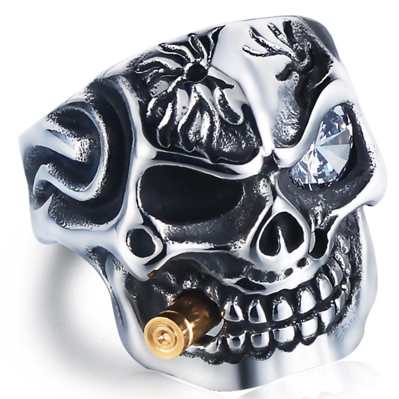 Punk Skull Head Ring for Men Iced Out Titanium Steel Biker Jewelry Bold Gothic Style