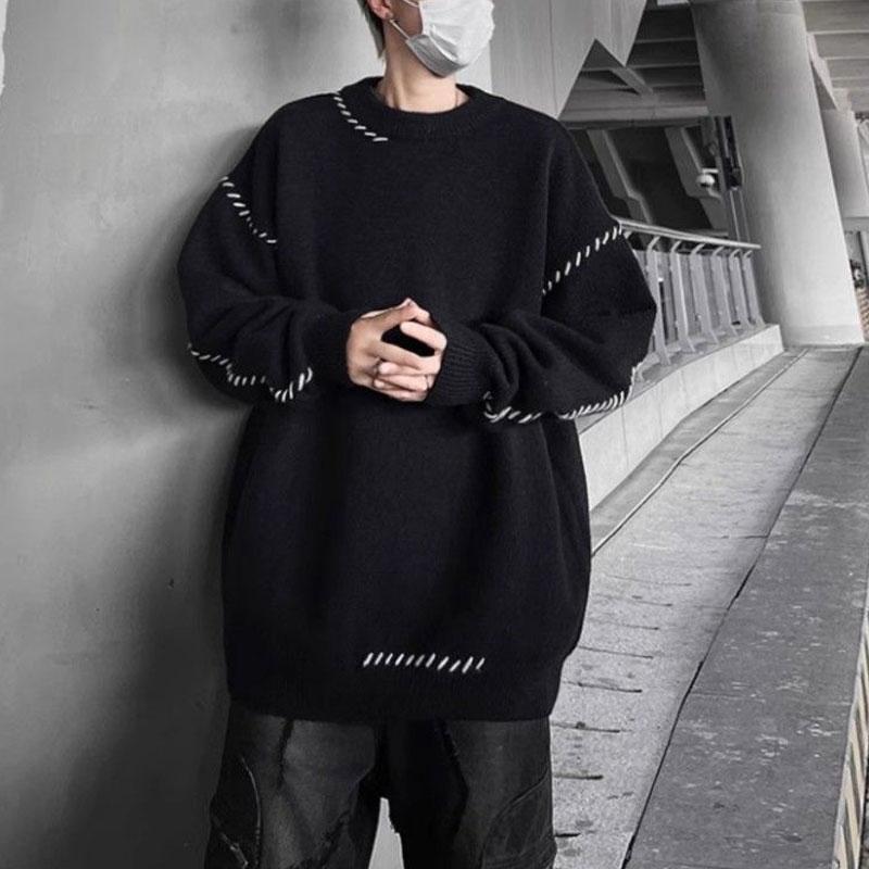 Japan Style Solid Color Knitted Pullovers Autumn Winter Vintage O-Neck Men's Clothing Chic Bright Line Decoration Loose Sweaters
