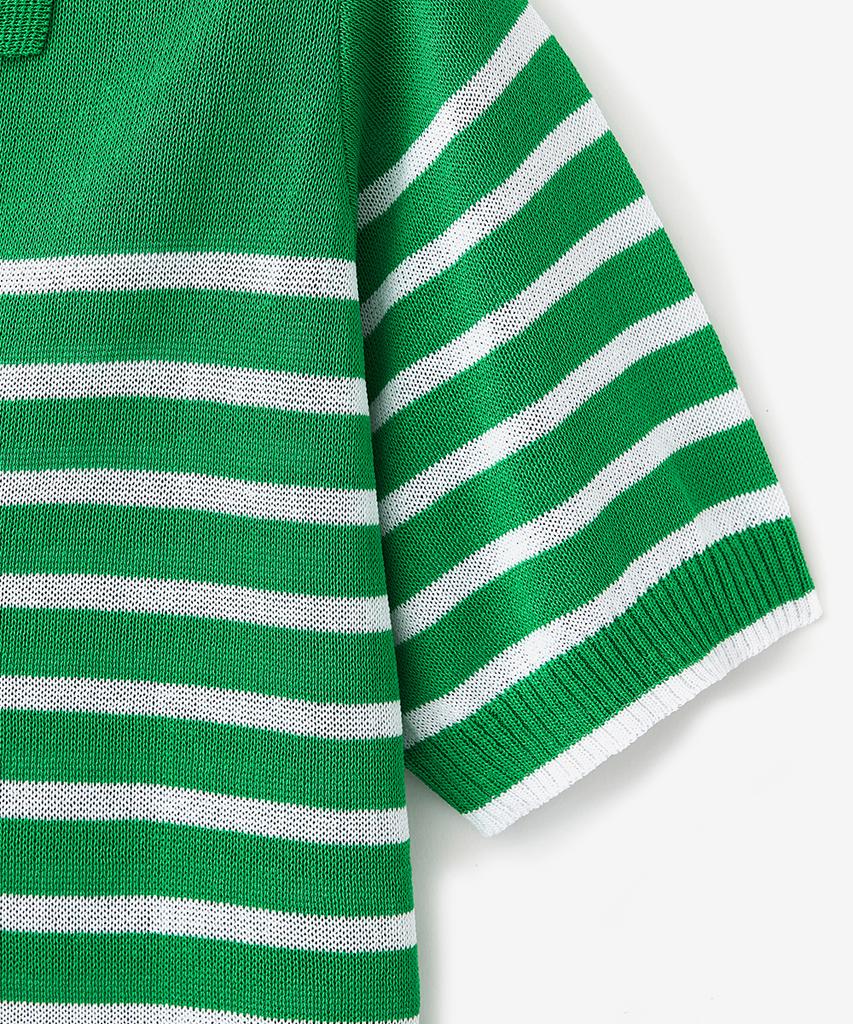 BLOND9 Cool Stripe Collared Short Sleeve Knit_Green