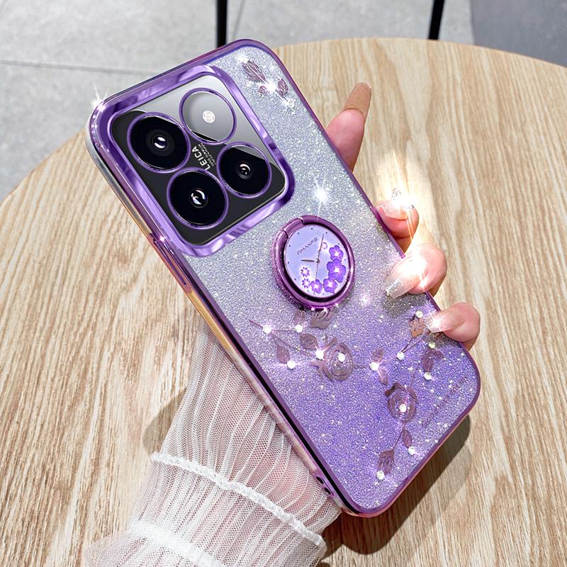 

KADEM For Xiaomi 14T Pro Case Ring Kickstand TPU Flowers Phone Cover Gradient Glitter Purple