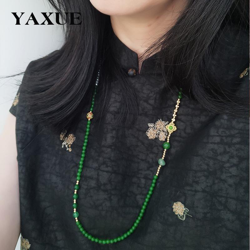 Elegant Green Chalcedony Long Necklace with Imitation Pearls - Chinese Style Luxury Jewelry for Women