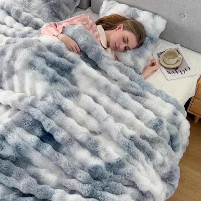 Light Luxury Imitation Rabbit Fleece Blanket Tie-dye Bubble Fleece Double-layer Warm Soft Living Room Bedroom Sofa Blanket
