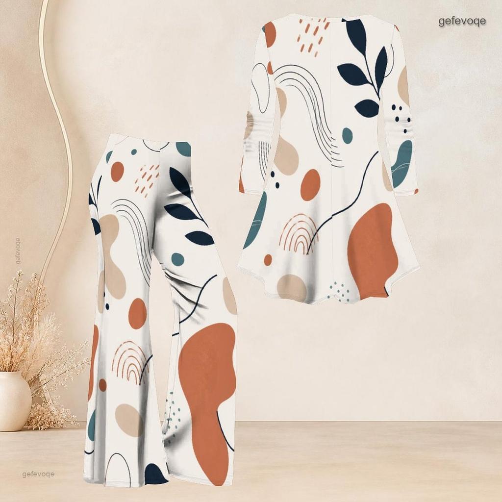 Women Plus Size Round Neck Three Quarter Sleeve Printed Flared Top And Flared Pants Two Piece Set