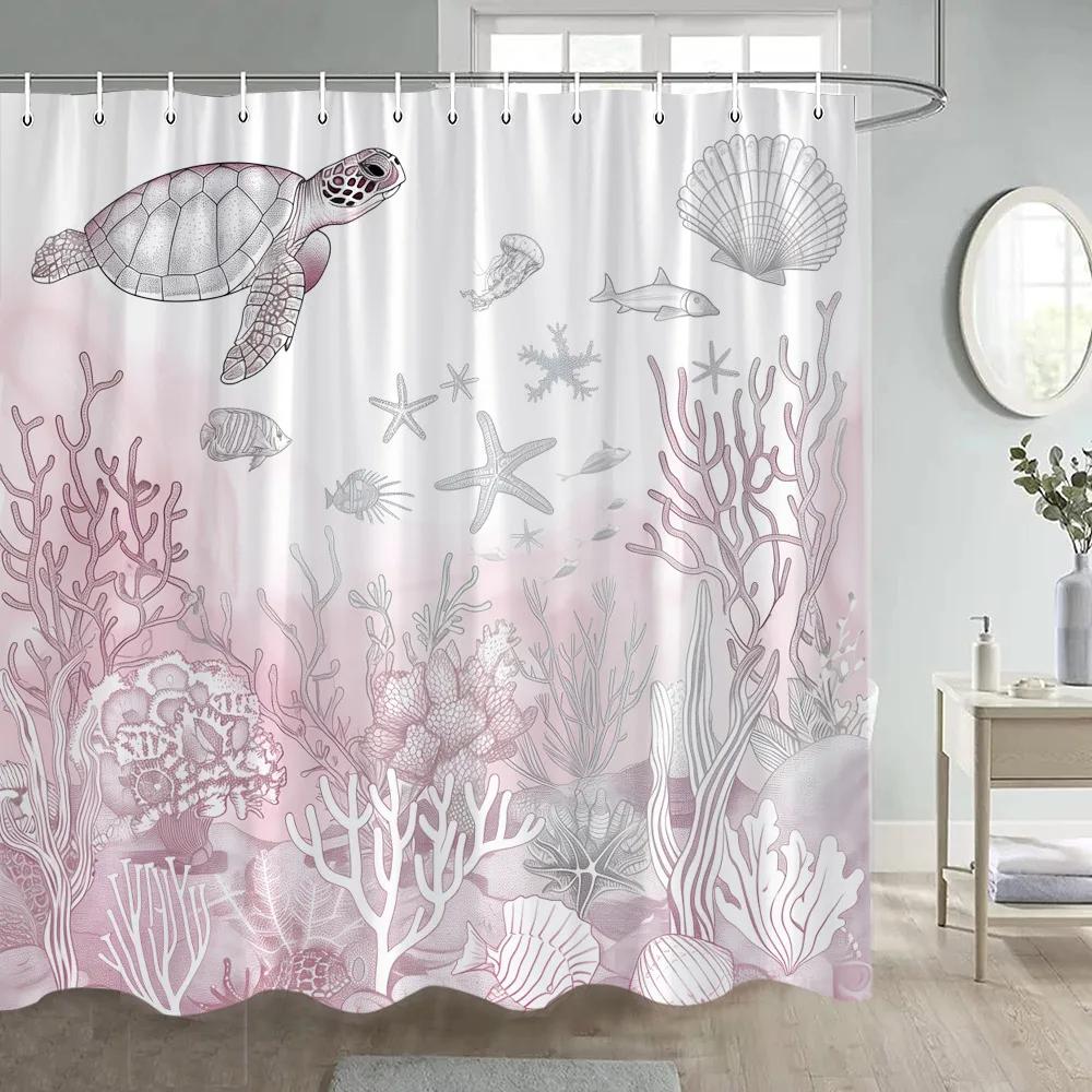 Pink Nautical Shower Curtain Sea Turtle Ocean Animal Coral Undersea Summer Modern Polyester Bath Curtain with Hook Home Decor