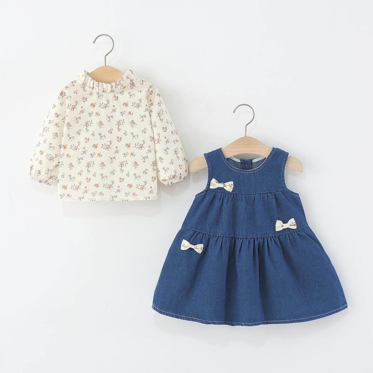 

Модный джинсовый комплект платья и жилета для маленьких девочек на весну и осень 2025 года 110 синий