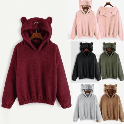Women's Long Sleeve Fleece Sweatshirt Warm Bear Shape Fuzzy Hoodie Pullover