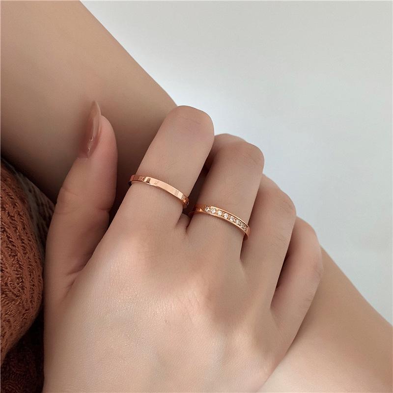 2-Piece Korean Style Micro-Pavé Diamond Roman Ring Set for Women - Simple, Fashionable Combination