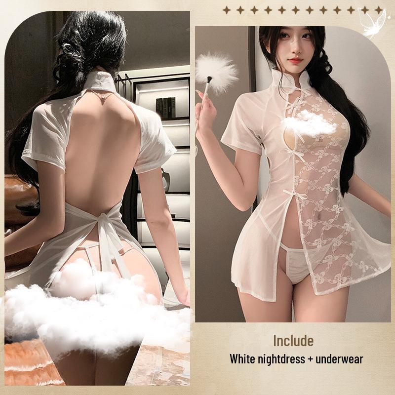 Plus Size Sheer Temptation: New Chinese Qipao High-Slit Open Back Lingerie