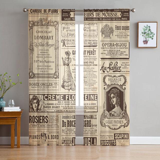 Vintage Old Newspaper Graffiti Tulle Curtains For Living Room Bedroom Decoration Chiffon Sheer Voile Kitchen Window Curtain