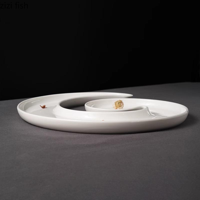 Solid Color G-shaped Ceramic Fish Plate Creative Curved Service Plate Snack Plate with Tray Restaurant Specialty Tableware