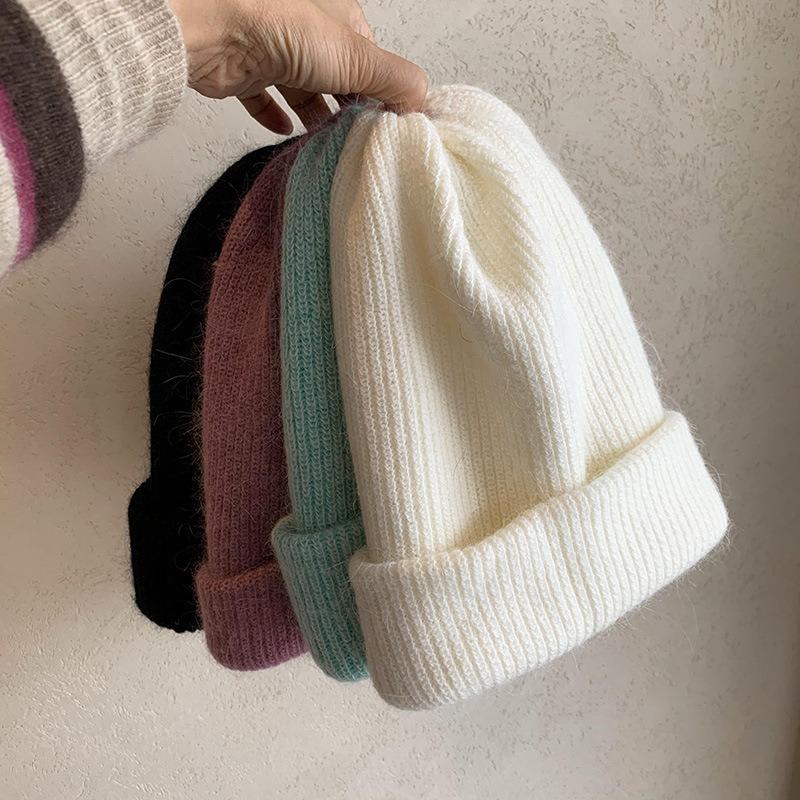 Soft white rabbit fur knitted wool hat Children's autumn and winter fashion thickened thermal pullover hat